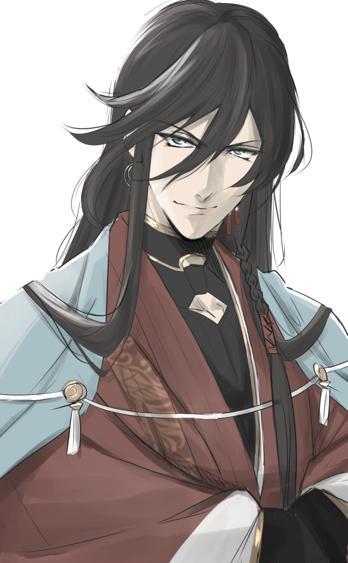 1boy, bangs, black_hair, blue_eyes, haori, izumi-no-kami_kanesada, japanese_clothes, kyoujixxxx, male_focus, solo, swept_bangs, touken_ranbu