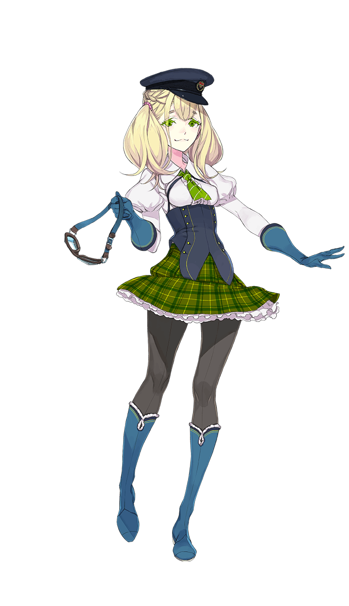 1girl, blonde_hair, blue_boots, blue_gloves, boots, checkered, checkered_skirt, fakepucco, formation_girls, full_body, gloves, green_eyes, green_skirt, hat, highres, holding_goggles, isabelle_lancaster, looking_at_viewer, military_hat, necktie, official_art, pantyhose, peaked_cap, skirt, solo, transparent_background, twintails
