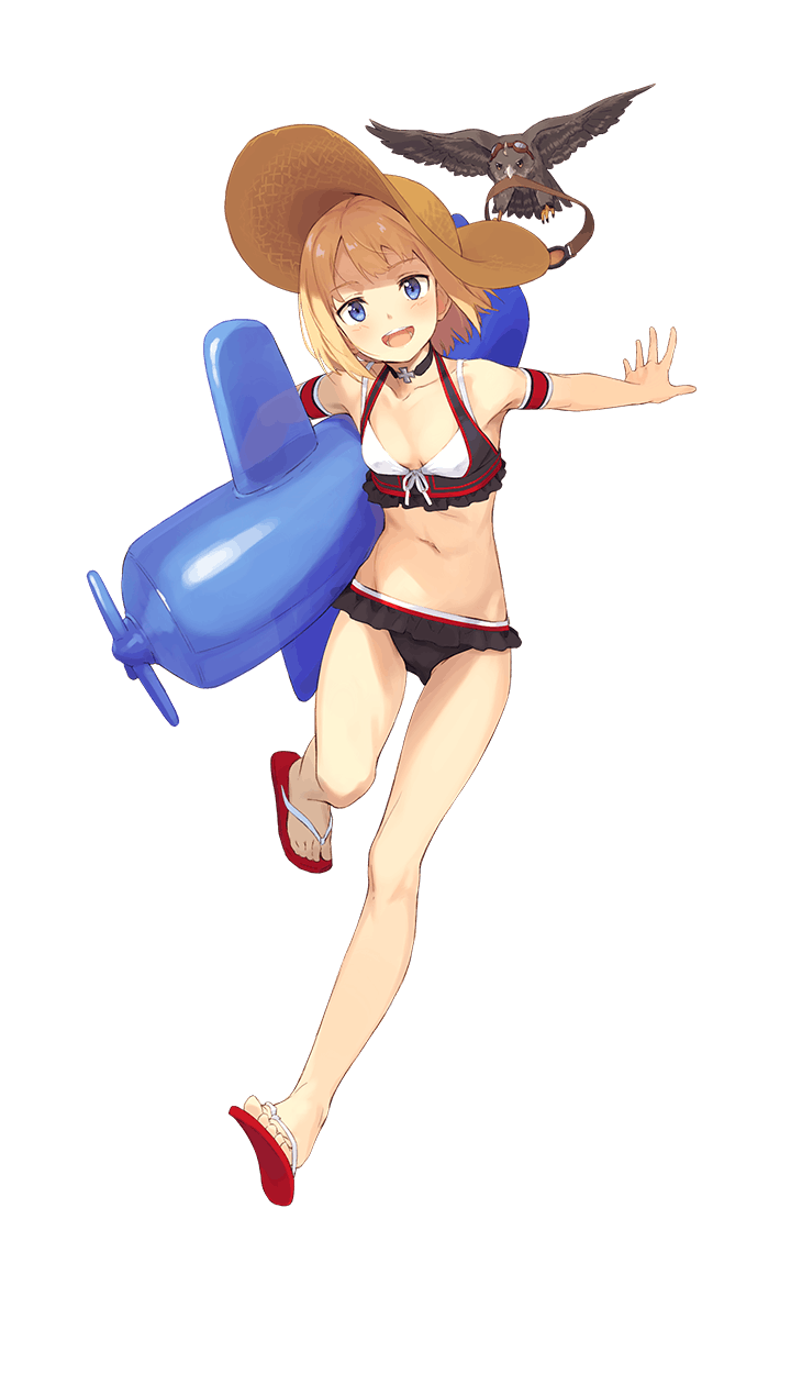 1girl, :d, bird, blonde_hair, blue_eyes, breasts, emilia_junkers, formation_girls, full_body, hat, hawk, highres, kinta_(distortion), midriff, navel, official_art, open_mouth, sandals, short_hair, small_breasts, smile, solo, straw_hat, transparent_background