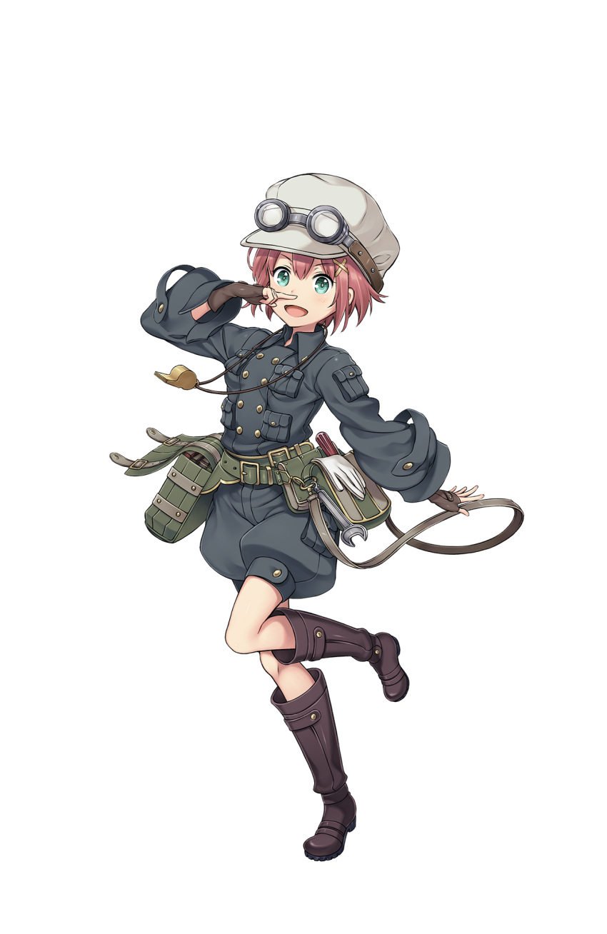 1girl, aqua_eyes, belt, brown_gloves, brown_hat, finger_to_nose, fingerless_gloves, full_body, gloves, gloves_removed, goggles, goggles_on_headwear, hat, highres, jacket, looking_at_viewer, official_art, pocket, princess_principal, princess_principal_game_of_mission, redhead, screwdriver, short_hair, solo, standing, standing_on_one_leg, tina_flywheel, utility_belt, whistle, white_gloves, wrench