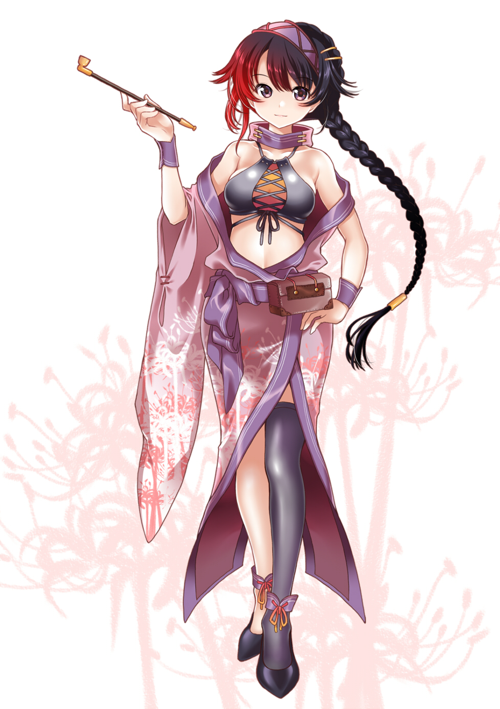 1girl, bangs, black_hair, black_legwear, braid, cross-laced_clothes, floral_background, flower
