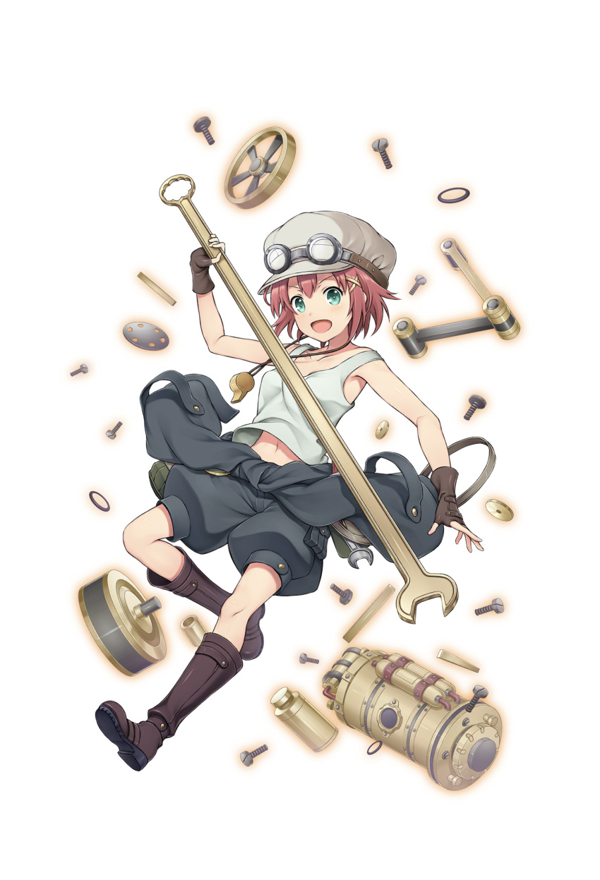 1girl, :d, aqua_eyes, belt, black_shorts, bolt, boots, brown_boots