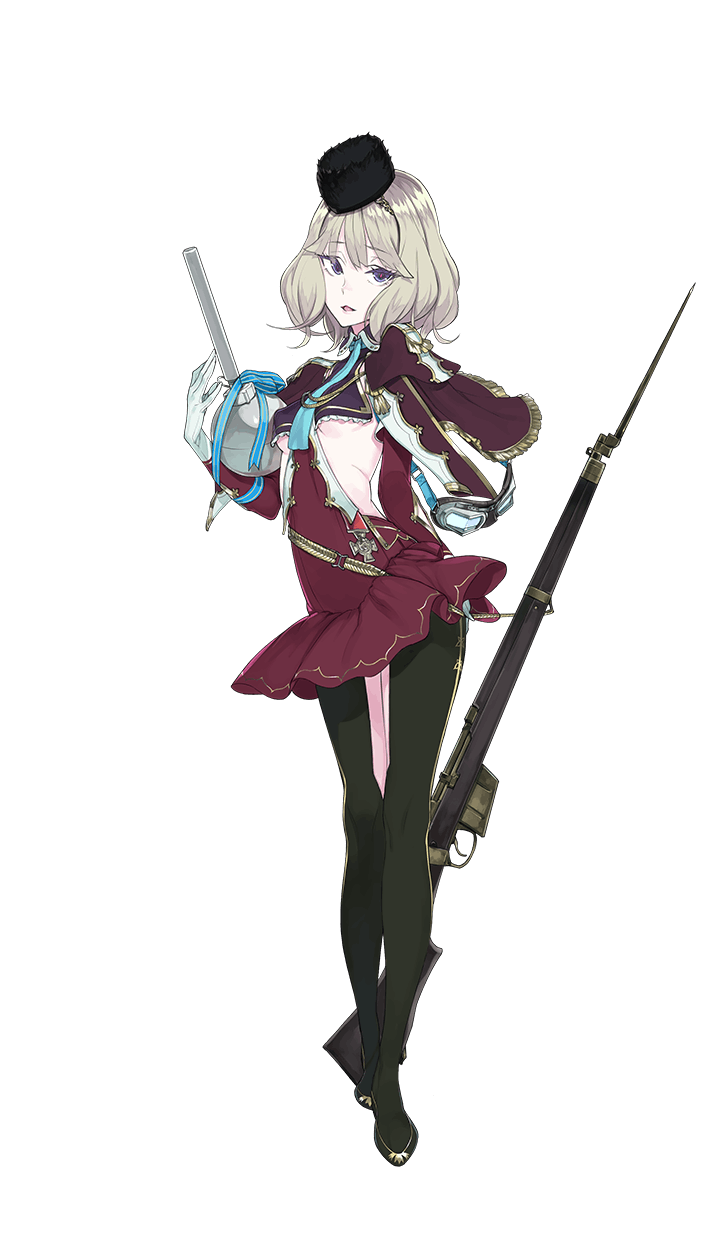 1girl, breasts, explosive, fakepucco, formation_girls, full_body, georgina_freddy_burring, gloves, goggles_around_arm, grenade, gun, hat, highres, holding_grenade, looking_at_viewer, midriff, mini_hat, official_art, pantyhose, rifle, silver_hair, solo, transparent_background, under_boob, violet_eyes, weapon, white_gloves