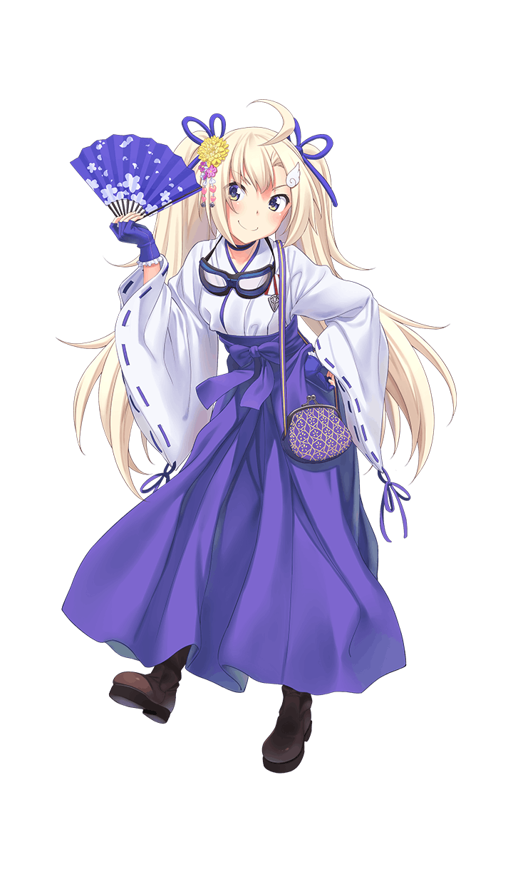 1girl, ahoge, blonde_hair, blue_eyes, blue_gloves, boots, brown_boots, fan, fingerless_gloves, flower, formation_girls, full_body, gamaguchi, gloves, goggles, goggles_around_neck, hair_flower, hair_ornament, hand_on_hip, highres, holding, holding_fan, japanese_clothes, long_hair, looking_at_viewer, miko, olga_hodrewa, smile, solo, tenkuu_nozora, transparent_background, two_side_up, very_long_hair