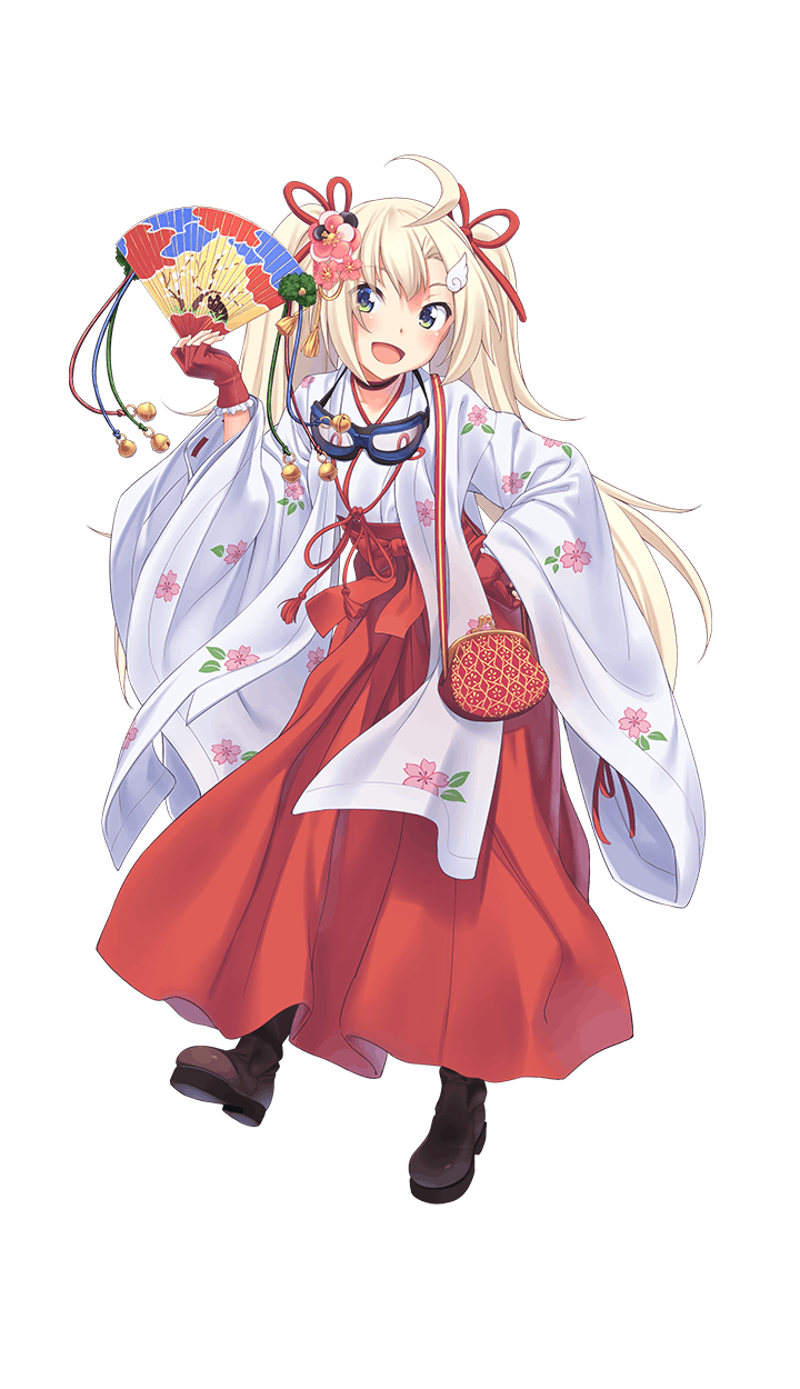 1girl, :d, ahoge, blonde_hair, blue_eyes, blue_gloves, boots, brown_boots, fan, fingerless_gloves, flower, formation_girls, full_body, gamaguchi, gloves, goggles, goggles_around_neck, hair_flower, hair_ornament, hand_on_hip, highres, holding, holding_fan, japanese_clothes, long_hair, looking_at_viewer, miko, olga_hodrewa, open_mouth, smile, solo, tenkuu_nozora, transparent_background, two_side_up, very_long_hair
