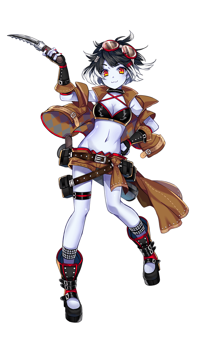 1girl, :3, breasts, cleavage, dual_wielding, formation_girls, goggles, goggles_on_head, grey_skin, highres, knife, marina_fudou, midriff, navel, official_art, orange_eyes, ririkuto, short_hair, transparent_background, vest