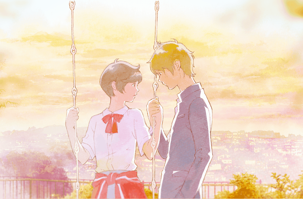 1boy, 1girl, aged_up, alps_no_shoujo_heidi, alternate_costume, blonde_hair, bow, bowtie, brown_hair, clothes_around_waist, contemporary, gakuran, hand_holding, heidi, heidi_(alps_no_shoujo_heidi), jacket_around_waist, kubonouchi_eisaku, looking_at_another, official_art, peter_(heidi), school_uniform, short_hair, swing, world_masterpiece_theater