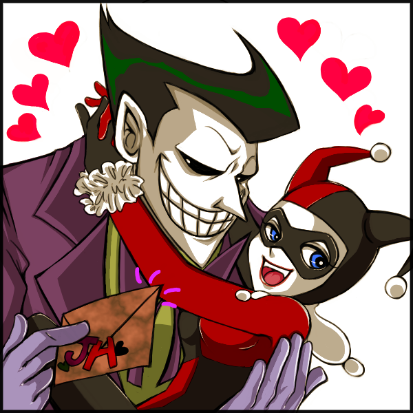 1girl, bad_id, batman, black_sclera, blue_eyes, couple, dc_comics, envelope