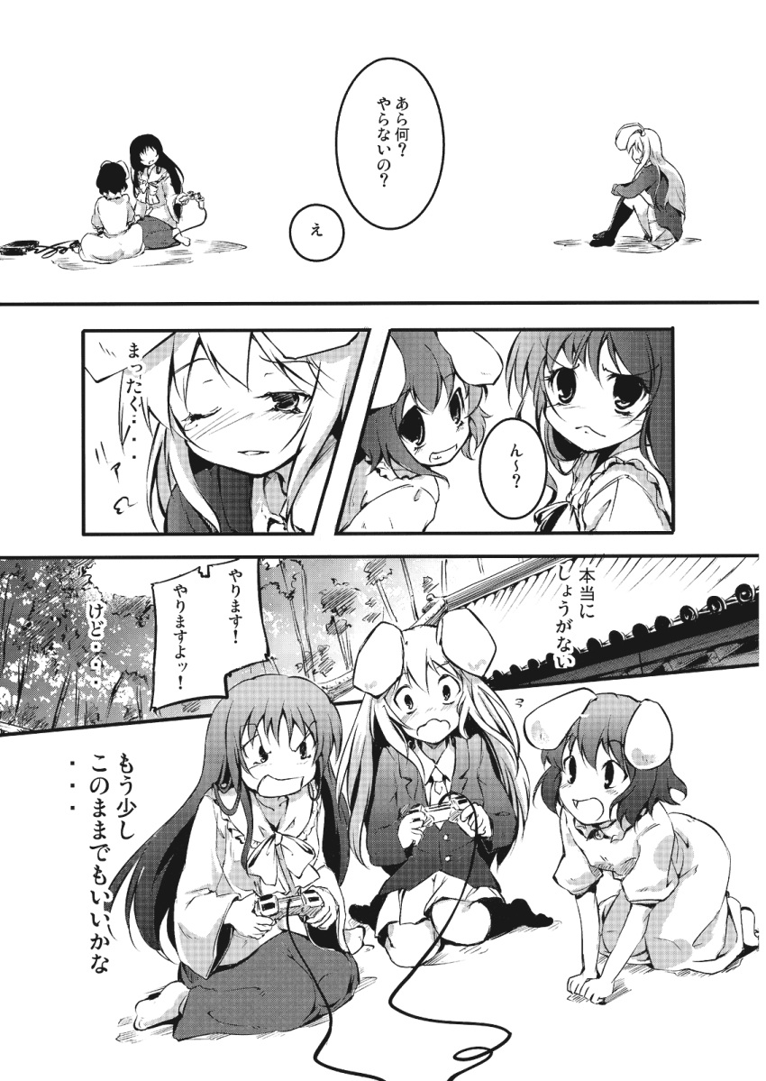 3girls, animal_ears, bow, bowtie, comic, dress, game_console, greyscale