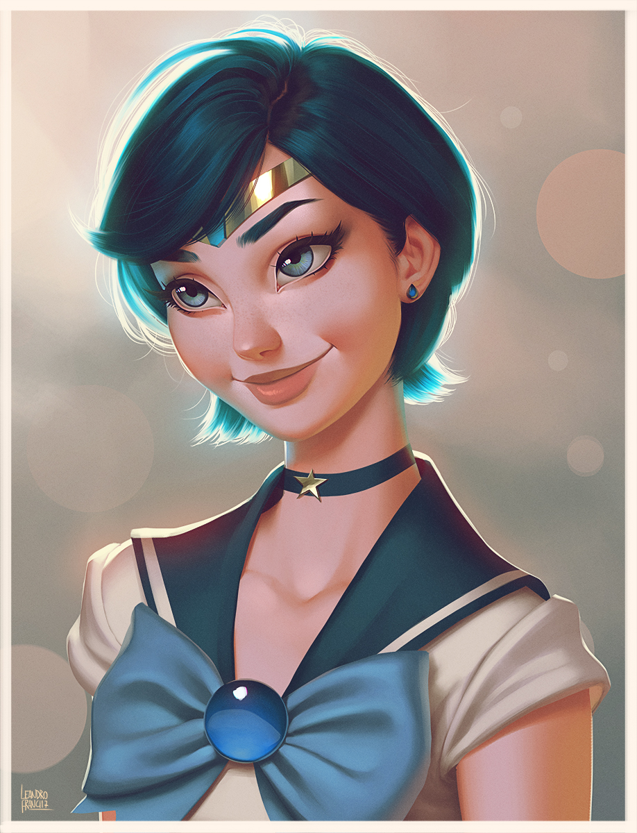 1girl, artist_name, bishoujo_senshi_sailor_moon, blue_bow, blue_bowtie, blue_choker, blue_eyes, blue_sailor_collar, blurry, bokeh, bow, bowtie, choker, closed_mouth, commentary, depth_of_field, earrings, eyelashes, highres, jewelry, leandro_franci, lips, nose, sailor_collar, sailor_mercury, sailor_senshi, short_hair, star_choker, upper_body