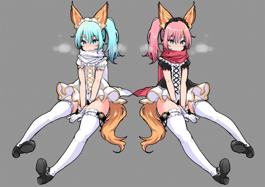 2girls, animal_ears, asymmetrical_clothes, asymmetrical_hair, between_legs, black_dress, blue_eyes, blue_hair
