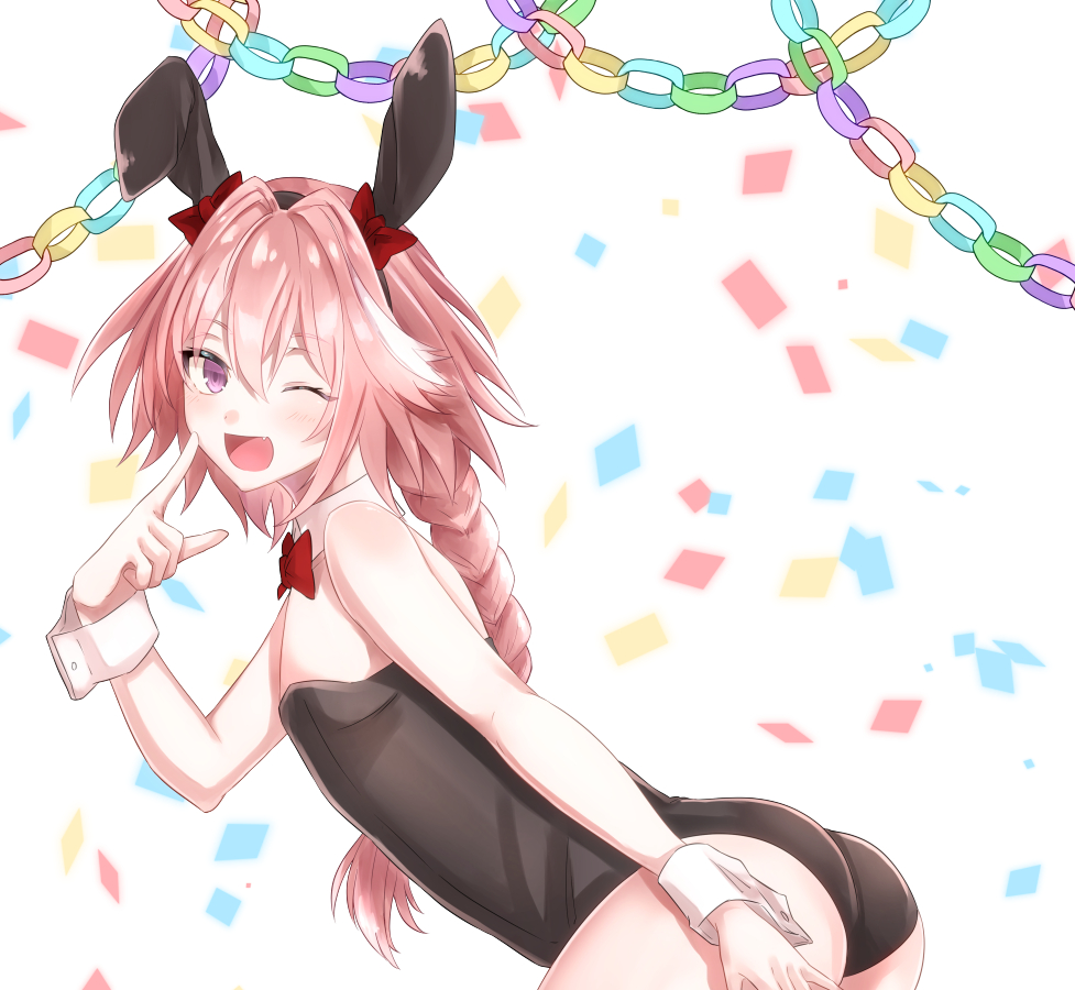 1boy, ;d, animal_ears, arm_at_side, ass, bangs, bare_arms, bare_shoulders, black_leotard, blush, bow, bowtie, braid, bunnysuit, commentary_request, confetti, detached_collar, eyebrows_visible_through_hair, fake_animal_ears, fang, fate/apocrypha, fate/grand_order, fate_(series), from_side, hair_between_eyes, hair_bow, hair_ornament, leaning_forward, leotard, long_hair, looking_at_viewer, one_eye_closed, open_mouth, pink_hair, pointing, pointing_at_self, rabbit_ears, red_bow, red_bowtie, rider_of_black, rossa_(pixiv27548922), simple_background, single_braid, smile, strapless, strapless_leotard, trap, violet_eyes, white_background, wrist_cuffs