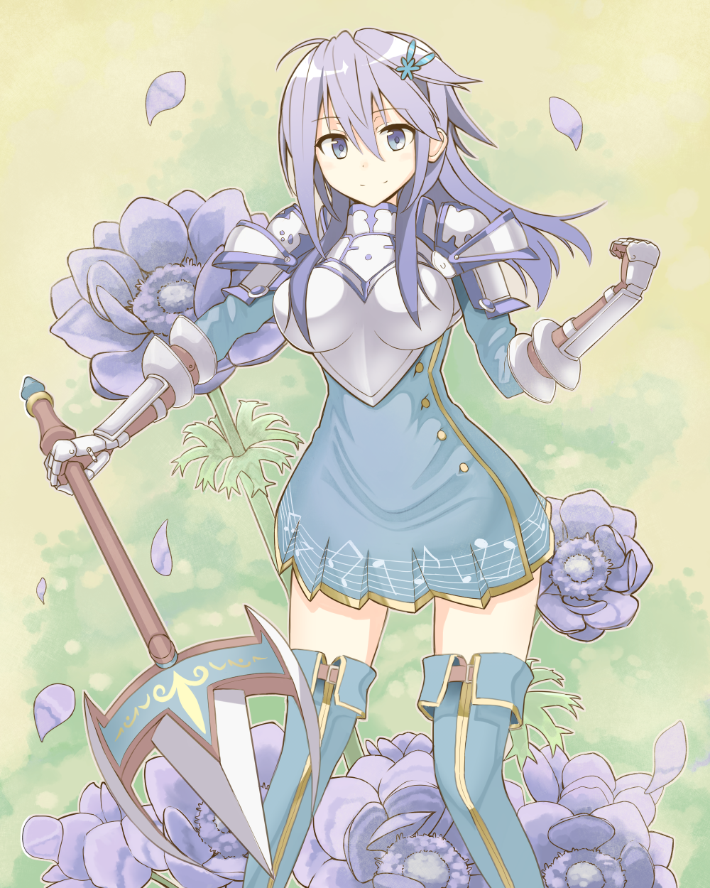 1girl, ahoge, anemone_(flower), anemone_(flower_knight_girl), armor, armored_dress, blue_eyes, boots, flower, flower_knight_girl, hair_between_eyes, hair_ornament, hairclip, hand_up, highres, holding, holding_spear, holding_weapon, kittoma_(f152old), long_hair, looking_at_viewer, muted_color, polearm, purple_hair, smile, spear, thigh-highs, weapon, zettai_ryouiki