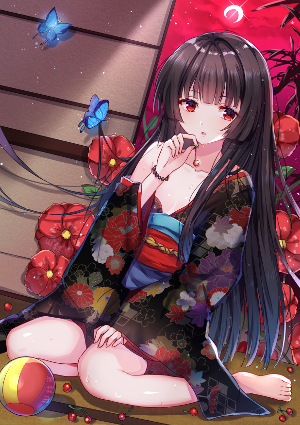 1girl, ball, barefoot, black_hair, bracelet, breasts, butterfly, cherry