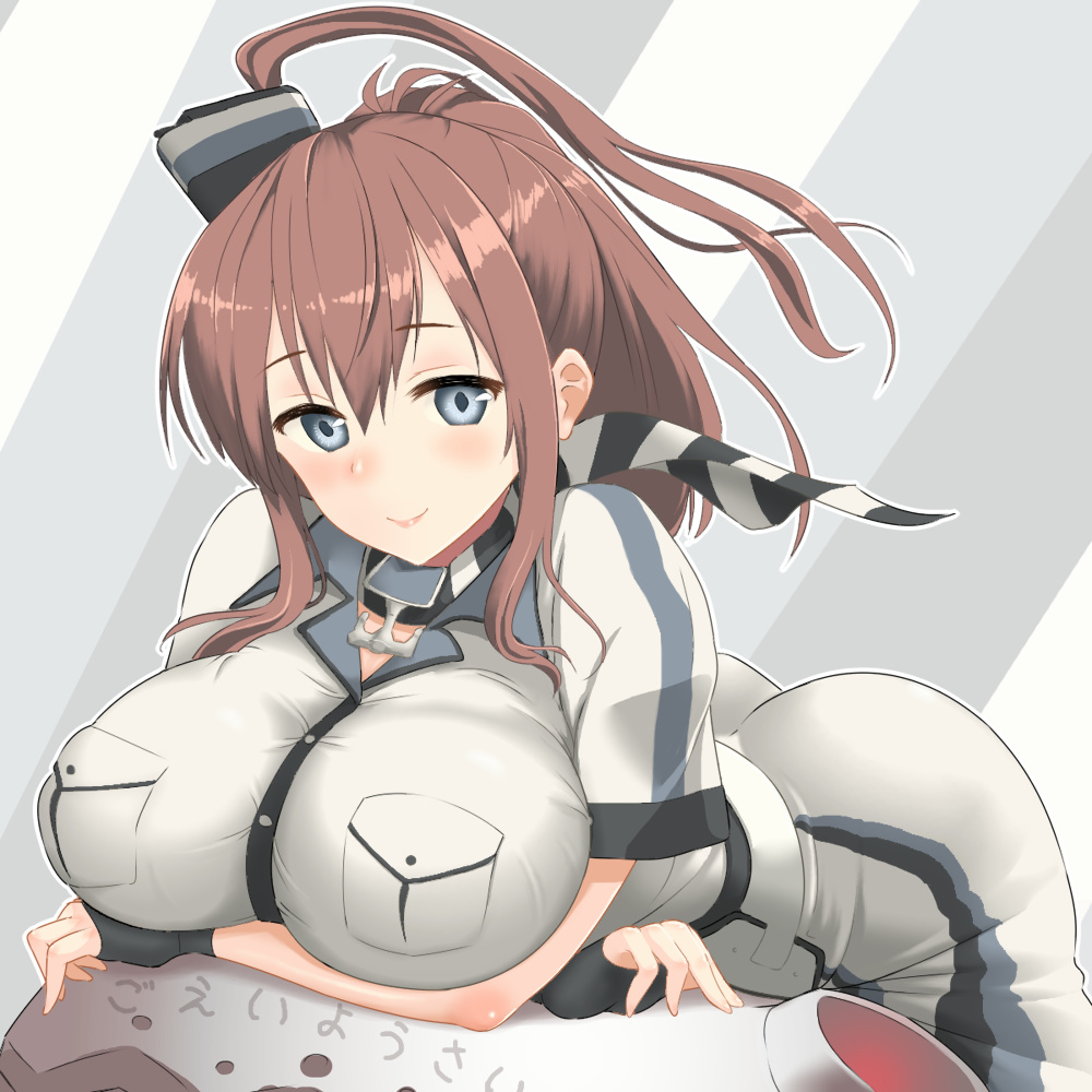 1girl, bent_over, black_neckerchief, blue_eyes, breast_pocket, breast_rest, breasts, brown_hair