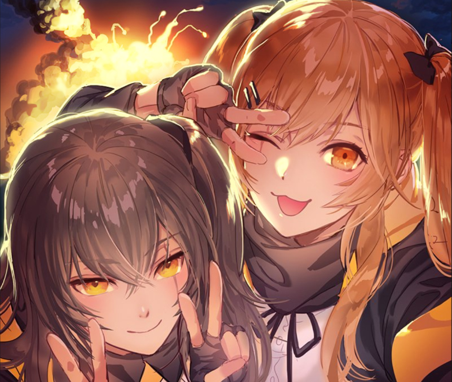 2girls, :3, :d, bangs, black_gloves, black_jacket, black_ribbon, black_scarf