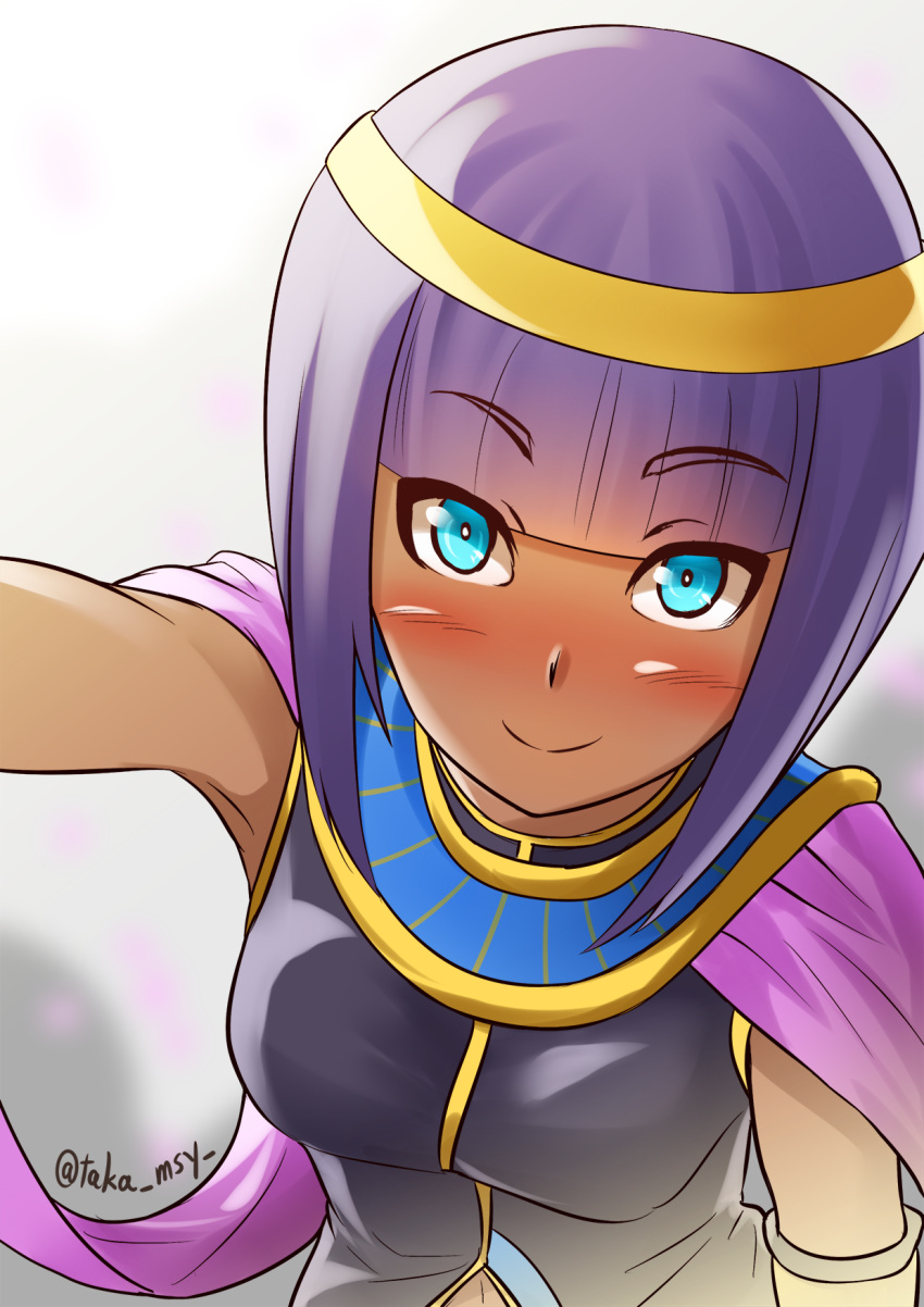 1girl, bangs, blue_eyes, blunt_bangs, blush, bob_cut, closed_mouth, dark_skin, egyptian, eyebrows_visible_through_hair, highres, kashisu_mint, looking_at_viewer, menat, purple_hair, short_hair, simple_background, smile, solo, street_fighter, street_fighter_v, tiara, twitter_username, white_background