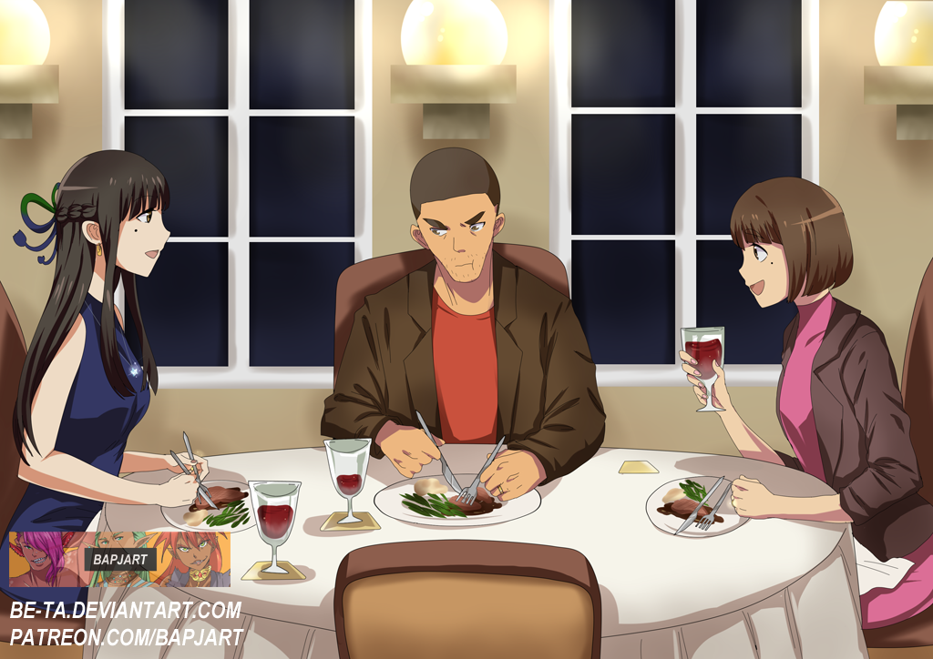 1boy, 2girls, :t, alternate_costume, beta_(joutarou), black_hair, blue_ribbon, braid