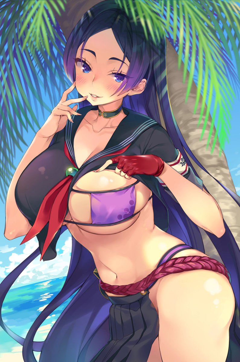 1girl, armband, bangs, beach, belt, bikini, black_skirt, blue_eyes