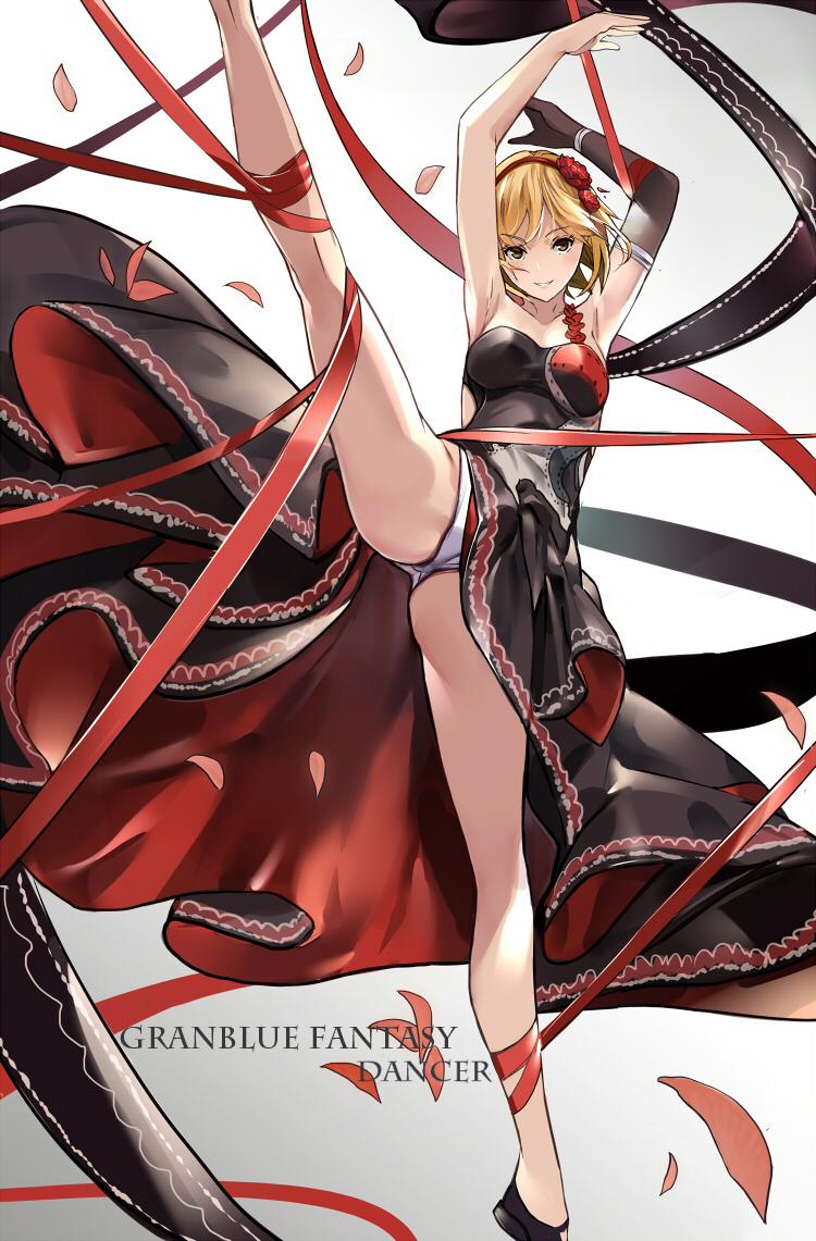 1girl, armpits, arms_up, bare_shoulders, black_dress, black_gloves, blonde_hair, brown_eyes