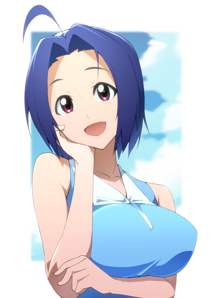 1girl, :d, ahoge, blue_hair, breasts, hand_on_own_cheek, highres, idolmaster, l_(laine), large_breasts, looking_at_viewer, miura_azusa, open_mouth, short_hair, smile, solo, upper_body, violet_eyes