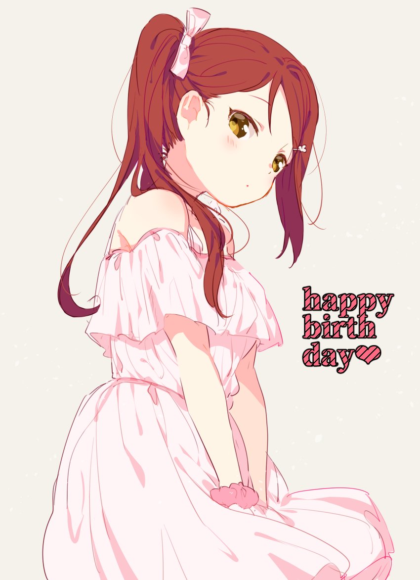 1girl, alternate_hairstyle, beige_background, bow, dress, hair_bow, hair_ornament, hairpin