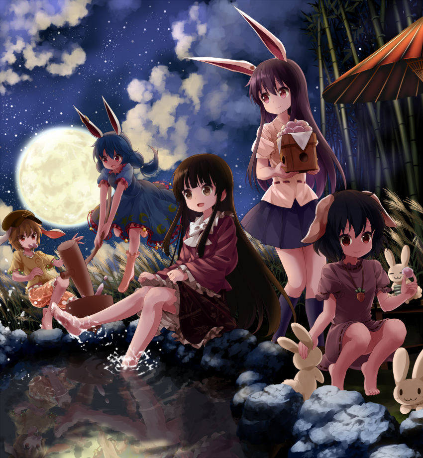 5girls, animal_ears, barefoot, black_hair, blue_dress, blue_hair, brown_eyes, brown_hair