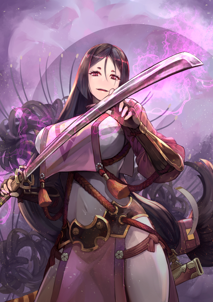 1girl, bodysuit, breasts, fate/grand_order, fate_(series), kawahara_ryuuta, long_hair, looking_at_viewer, minamoto_no_raikou_(fate/grand_order), purple_hair, smile, solo, sword, weapon