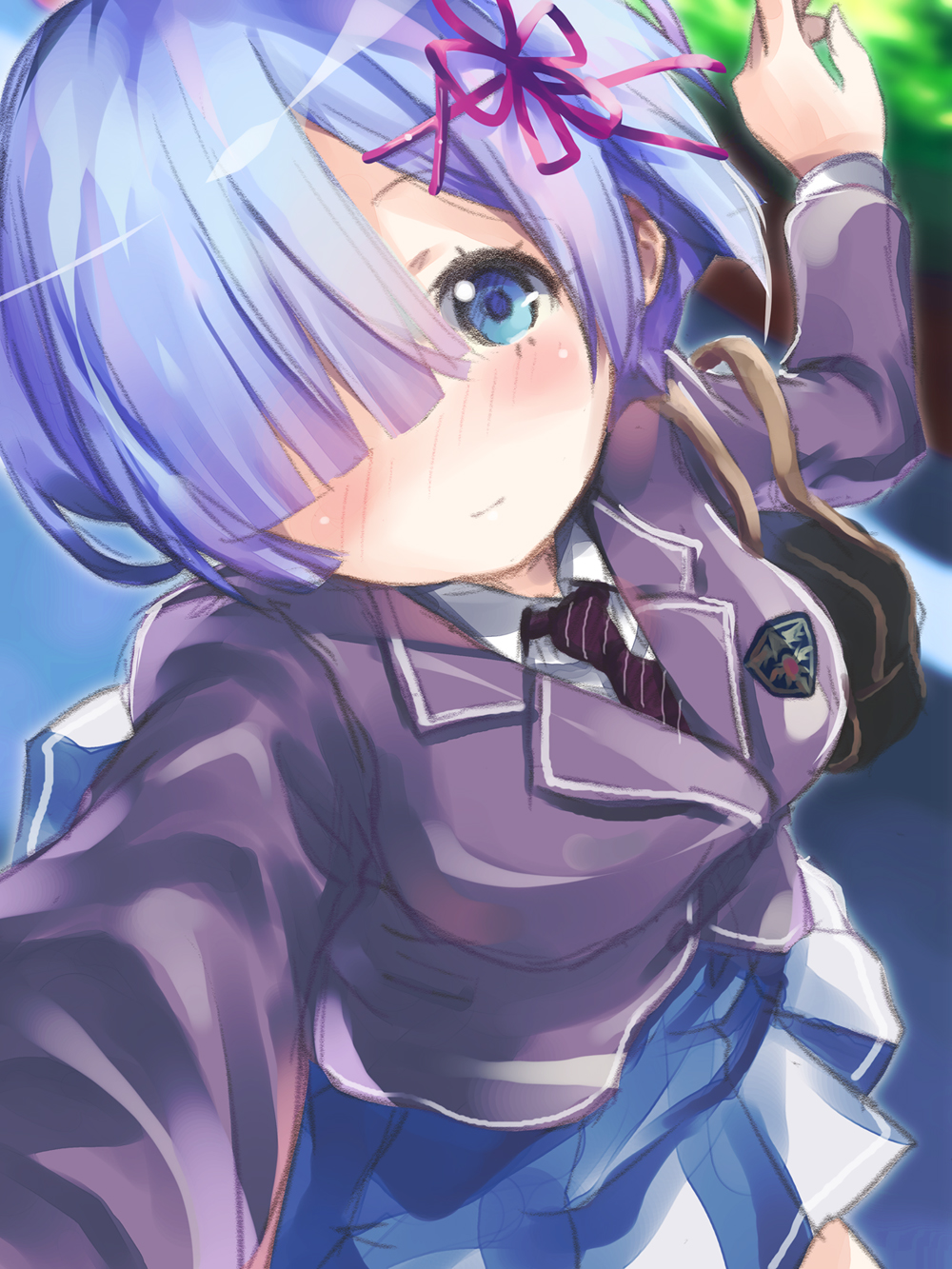 1girl, aqua_hair, bag, blue_eyes, breasts, commentary_request, faux_traditional_media, hair_over_one_eye, handbag, highres, kousaka_yami, large_breasts, long_sleeves, looking_at_viewer, necktie, ram_(re:zero), re:zero_kara_hajimeru_isekai_seikatsu, school_uniform, skirt, solo, traditional_media