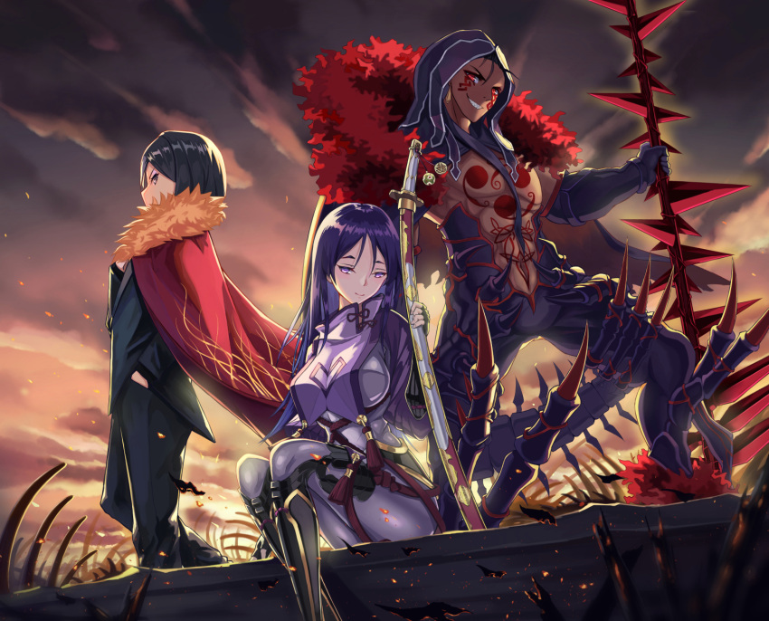1girl, 2boys, augu_(523764197), bangs, blue_hair, bodysuit, breasts, cu_chulainn_alter_(fate/grand_order)
