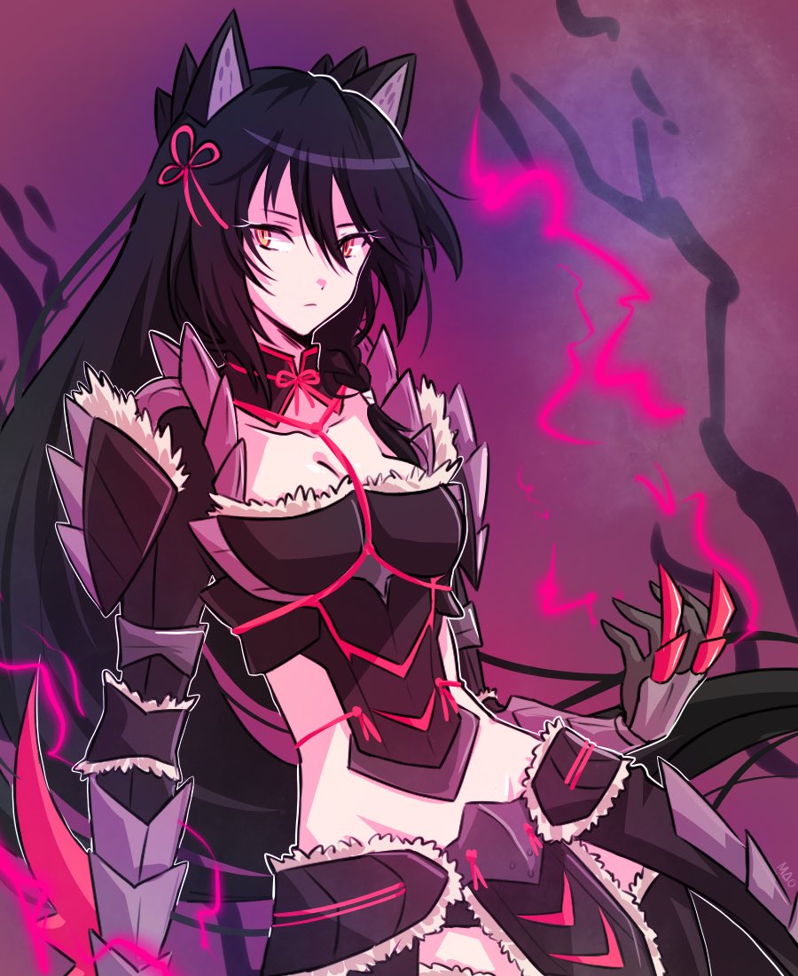 1girl, bare_shoulders, belt, black_choker, black_hair, braid, breasts, choker