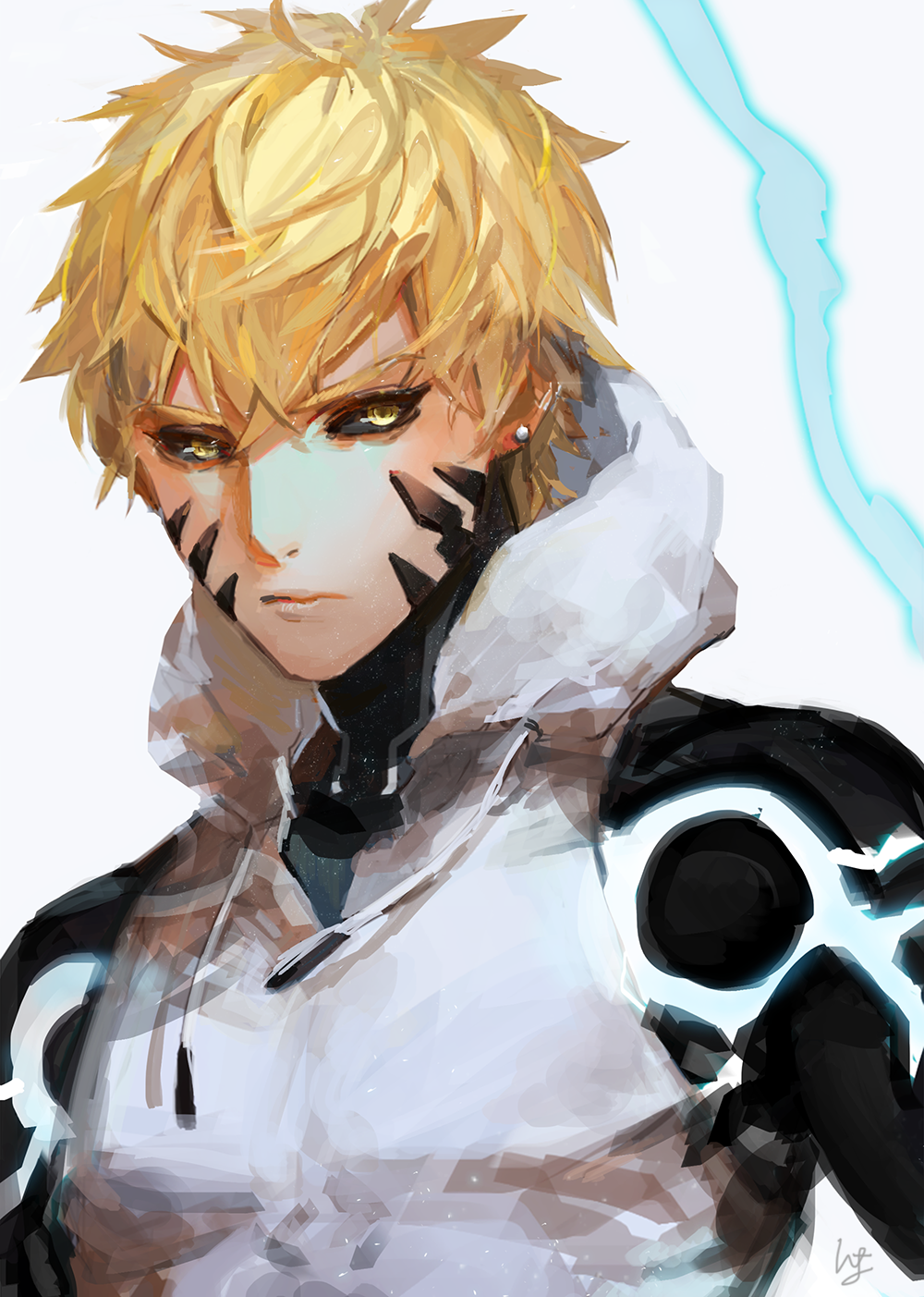 1boy, black_sclera, blonde_hair, closed_mouth, cyborg, earrings, electricity, genos