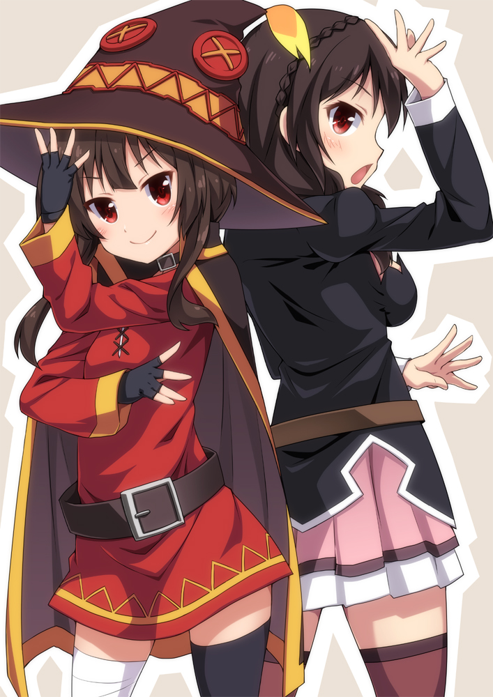 2girls, arm_up, asymmetrical_legwear, back-to-back, bandage, belt, black_gloves, black_hair