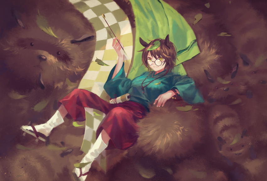1girl, alternate_costume, animal, animal_ears, bracelet, brown_hair, futatsuiwa_mamizou, geta