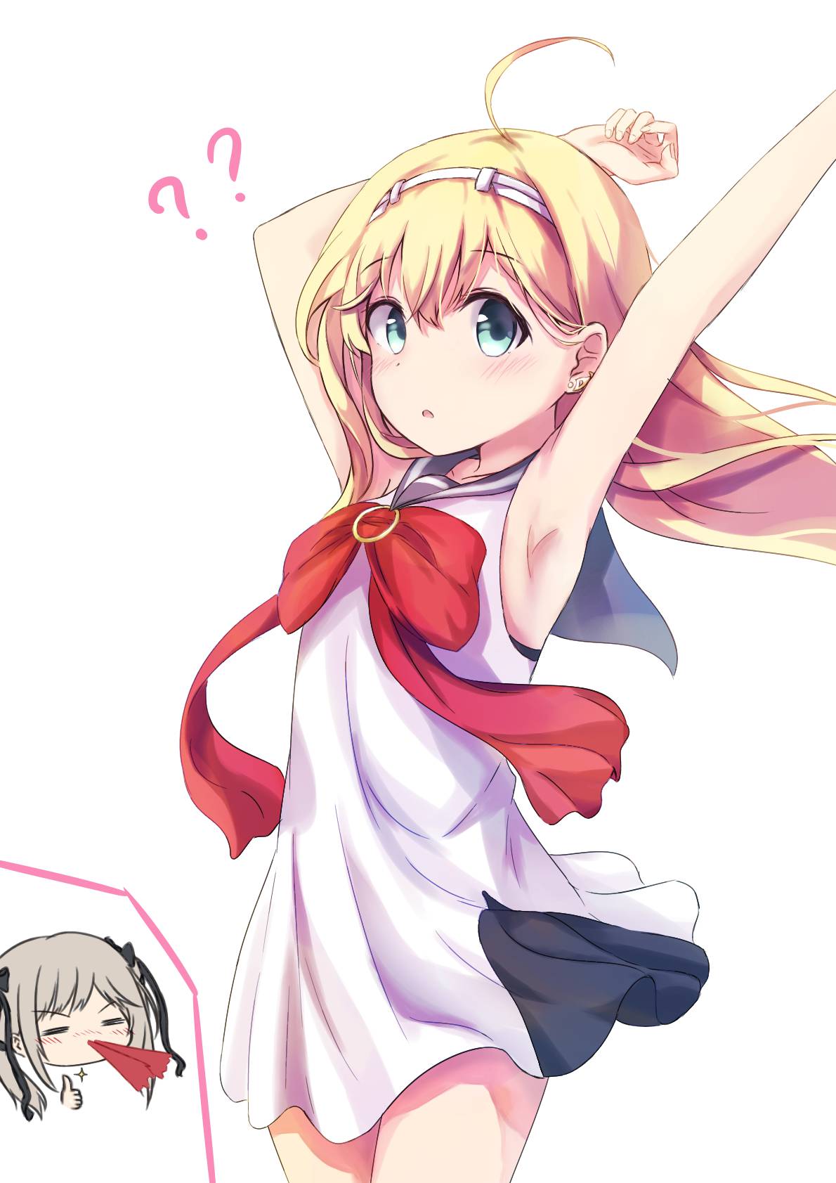 2girls, ??, ahoge, armpits, arms_up, blonde_hair, blood, blush