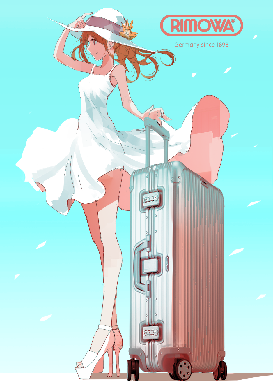 1girl, bangs, blue_background, brown_eyes, brown_hair, closed_mouth, day, dress