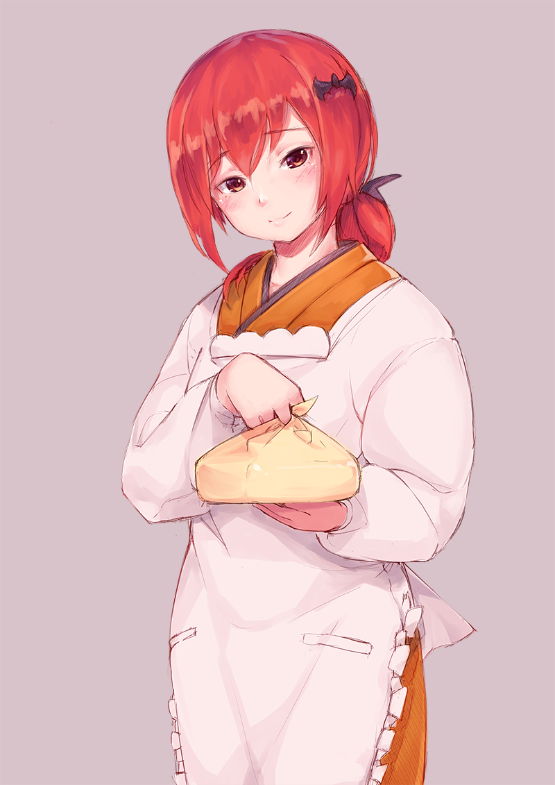 1girl, apron, bat_hair_ornament, blush, cowboy_shot, eleaclarisse, gabriel_dropout, hair_bun