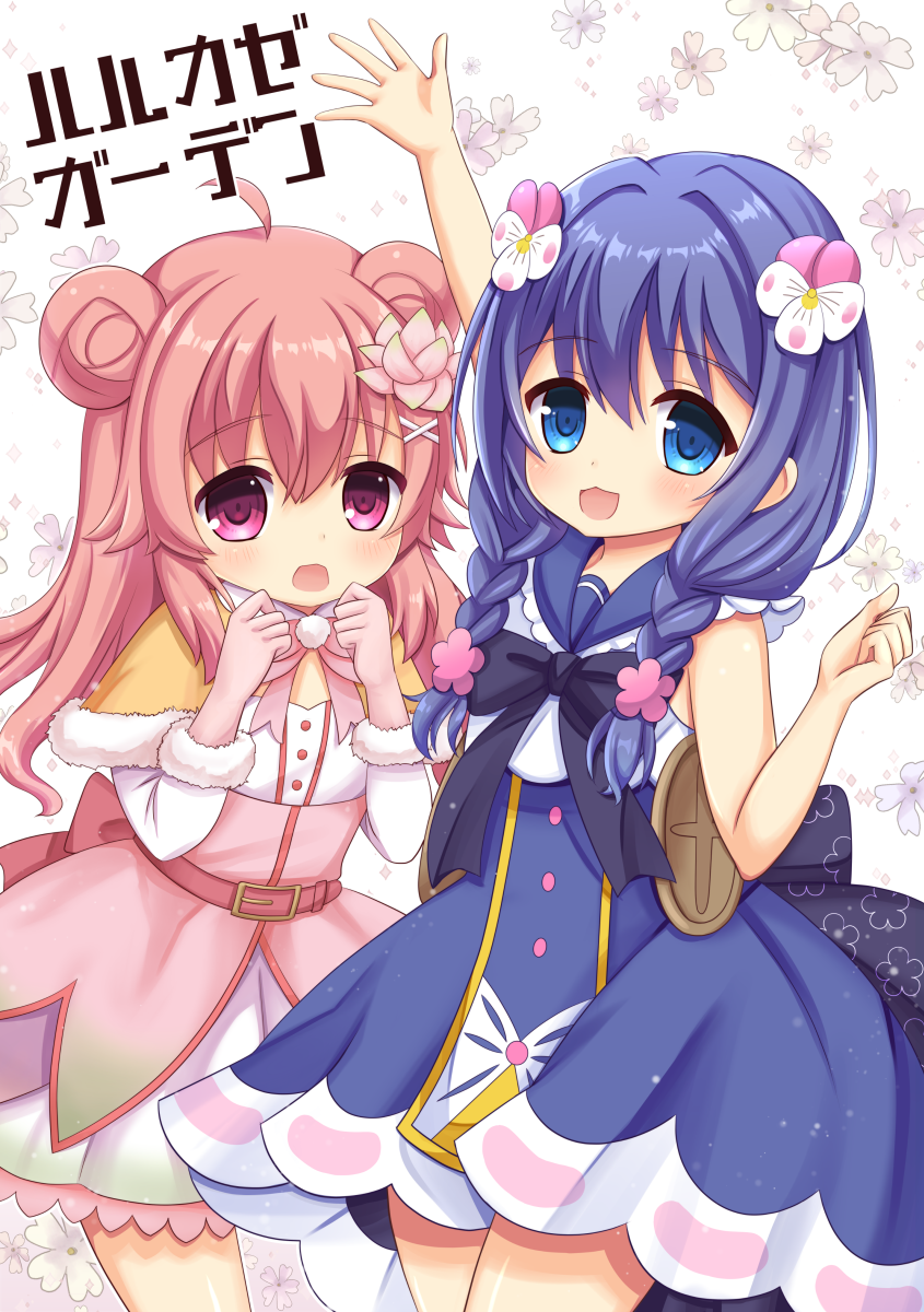 2girls, :3, :d, ahoge, arm_up, bare_arms, belt_buckle, black_bow