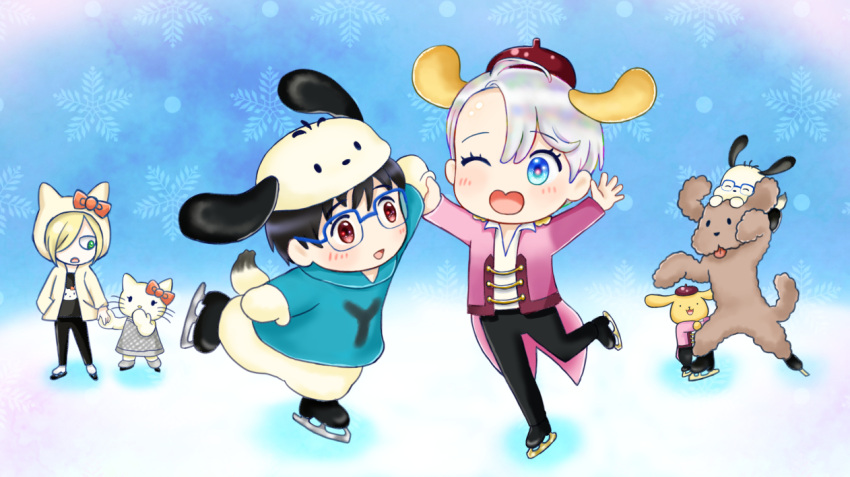 3boys, animal_ears, animal_hat, animal_hood, black_hair, blue-framed_eyewear, blue_eyes, bow