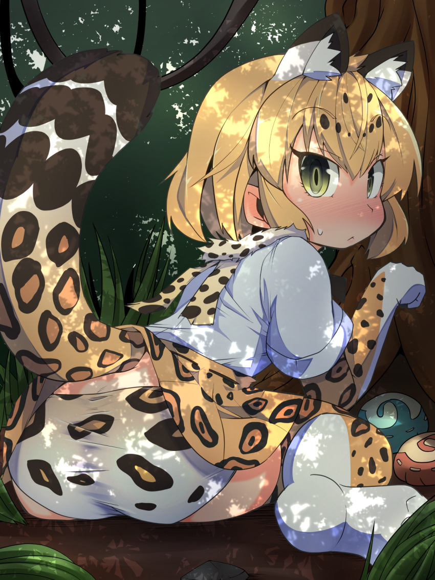1girl, :<, ass, blonde_hair, blush, dappled_sunlight, day, elbow_gloves