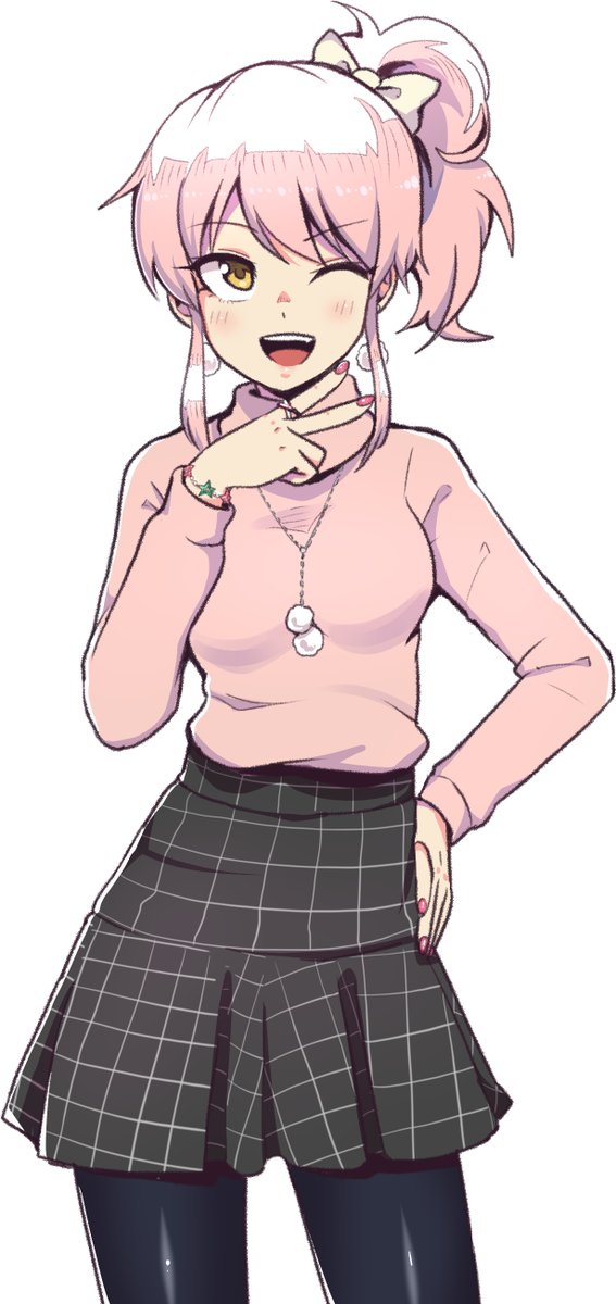 1girl, ;d, black_legwear, black_skirt, bow, brown_eyes, cowboy_shot, dia_(yvirus68), eyebrows_visible_through_hair, hair_bow, hand_on_hip, high-waist_skirt, high_ponytail, highres, idolmaster, idolmaster_cinderella_girls, jewelry, jougasaki_mika, long_hair, miniskirt, nail_polish, necklace, one_eye_closed, open_mouth, pantyhose, pink_hair, pink_nails, pink_sweater, pleated_skirt, shiny, shiny_clothes, simple_background, skirt, smile, solo, standing, sweater, white_background, white_bow