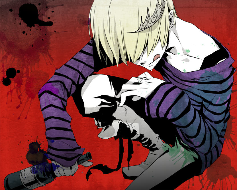 1boy, belphegor_(reborn), blonde_hair, full_body, hair_over_eyes, katekyo_hitman_reborn, male_focus, shirt, short_hair, solo, striped, striped_shirt, tiara, wato_samirika