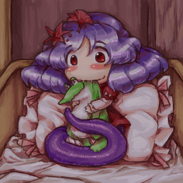 bad_id, buranantoka, chibi, fangs, frog, lamia, leaf, leaves, monster_girl, purple_hair, red_eyes, scales, short_hair, snake, stuffed_animal, stuffed_toy, touhou, yasaka_kanako
