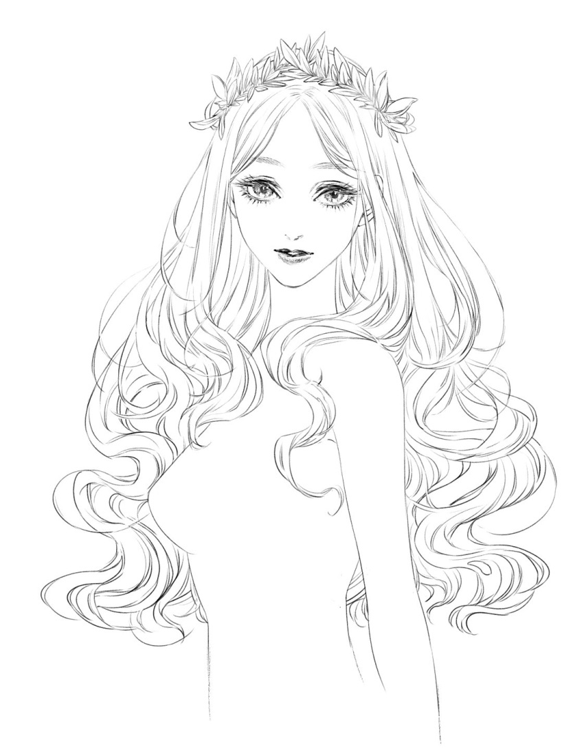 1girl, bare_shoulders, breasts, commentary_request, eyebrows_visible_through_hair, eyes, greyscale, highres