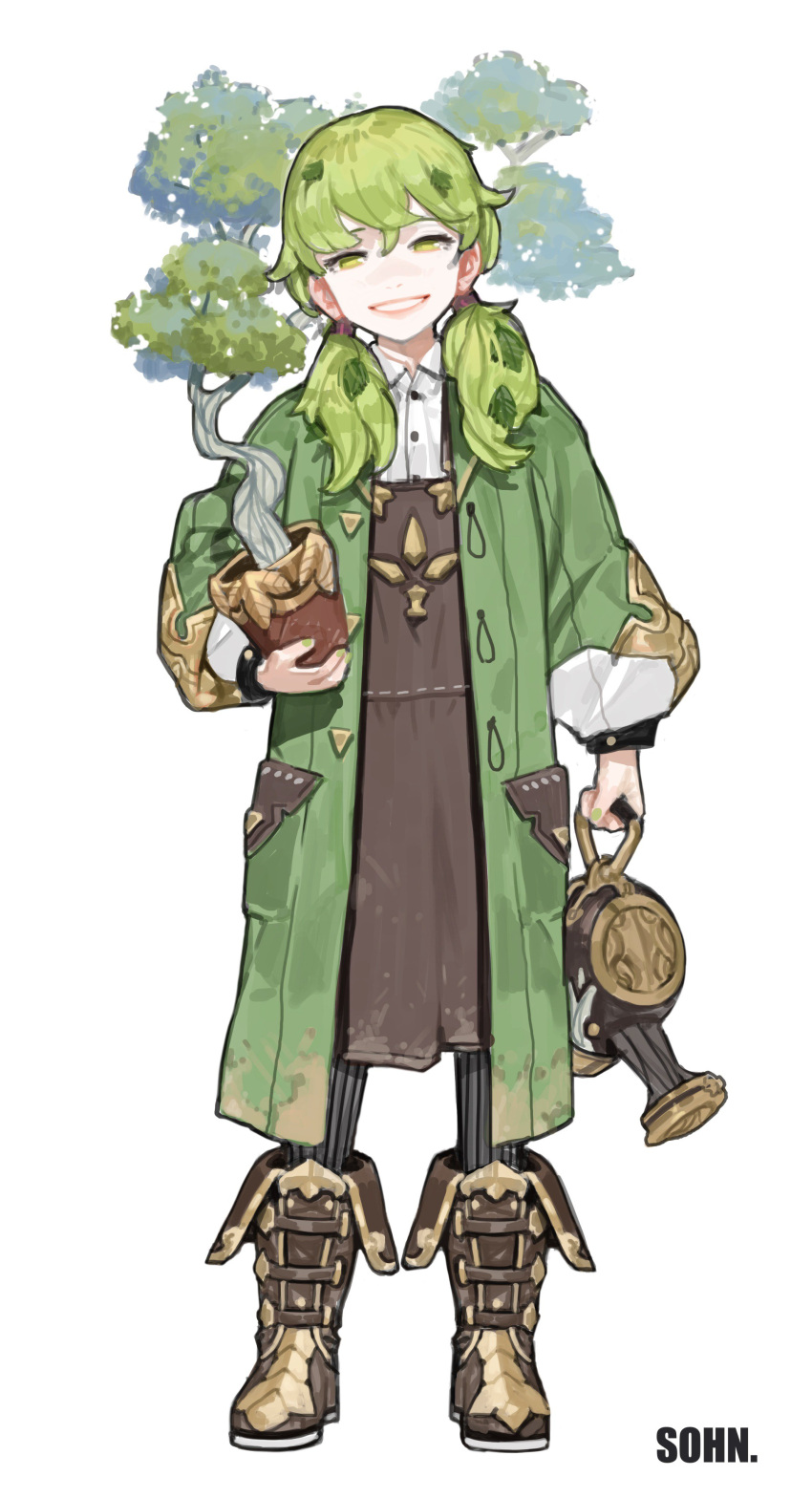 1girl, absurdres, bonsai, boots, bracelet, brown_boots, can, commentary_request