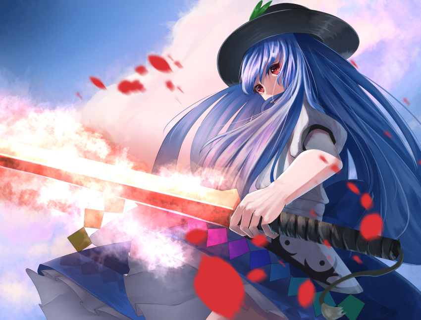 1girl, blue_hair, cacao_devil, clouds, cowboy_shot, dress, frilled_dress, frills
