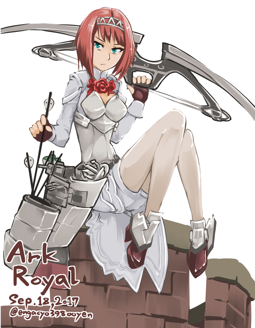 1girl, 2017, ark_royal_(kantai_collection), arrow, blue_eyes, bob_cut, bow_(weapon), breasts