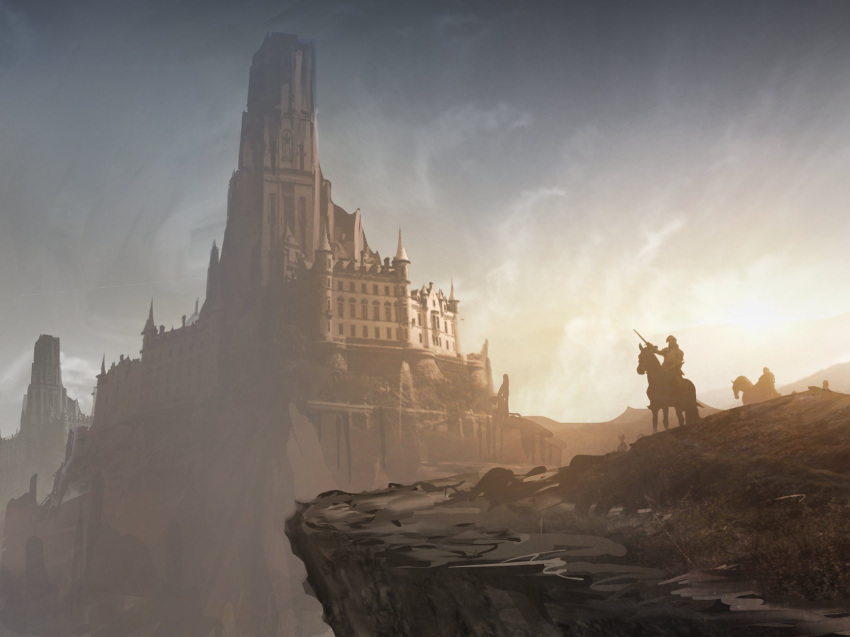 castle, cliff, clouds, cloudy_sky, commentary_request, highres, holding, holding_sword