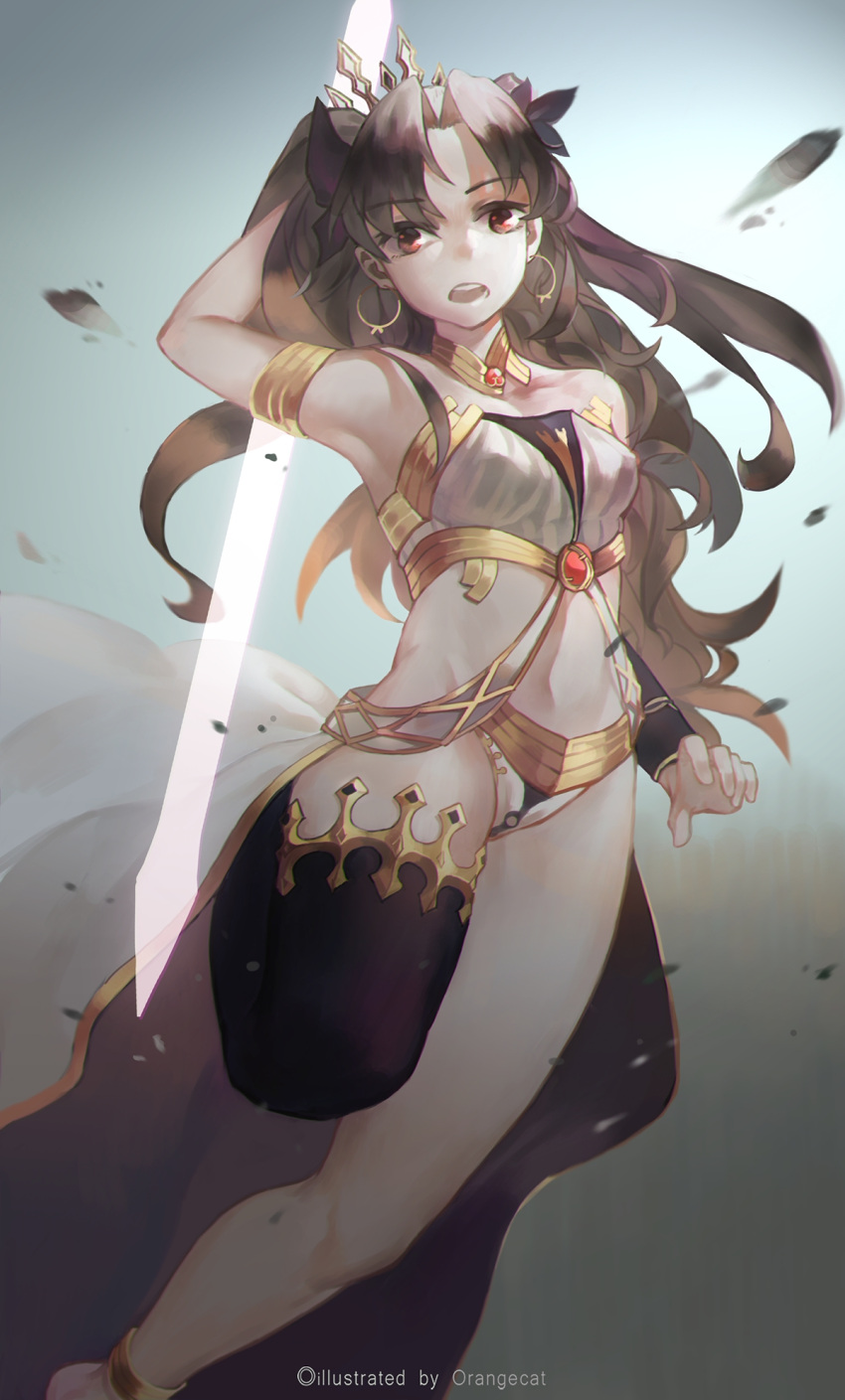 1girl, anni_de_chengzi_mao, arm_behind_back, armpits, artist_name, breasts, brown_hair, crown, dutch_angle, earrings, fate/grand_order, fate_(series), groin, highres, hips, hoop_earrings, ishtar_(fate/grand_order), jewelry, long_hair, medium_breasts, navel, red_eyes, single_thighhigh, solo, standing, standing_on_one_leg, sword, thigh-highs, tohsaka_rin, twintails, waist_cape, weapon