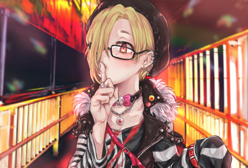 1girl, beret, blonde_hair, glasses, hand_to_lip, hat, highres, idolmaster, idolmaster_cinderella_girls, jewelry, looking_at_viewer, piercing, ring, shirasaka_koume, solo, taremayu_(kikai_tomato)